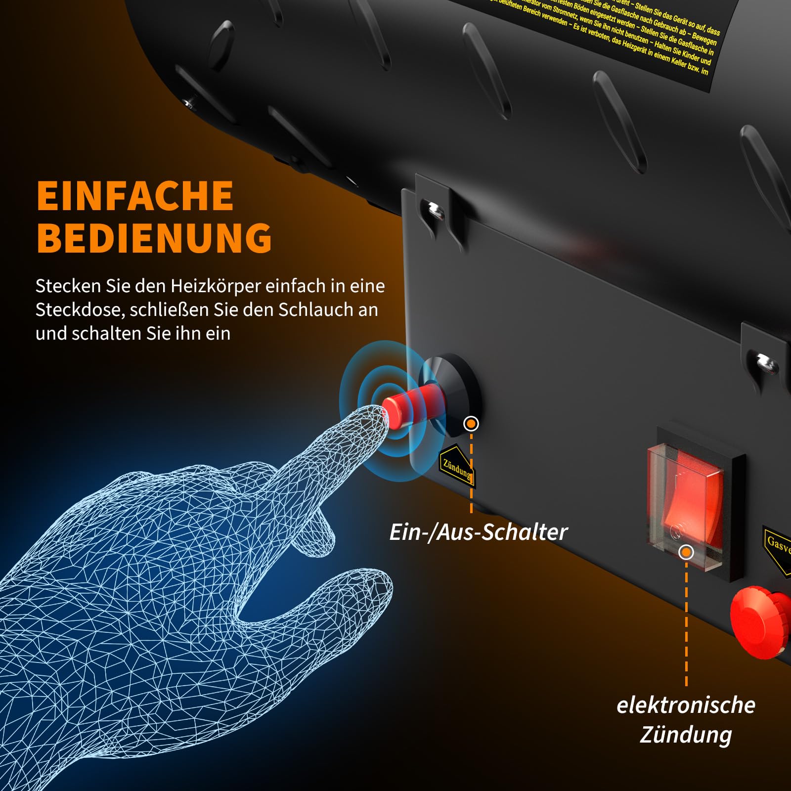 Gasheizung für innenräume,15KW Gas Heizgebläse, Gasheizgerät Gasheizer Gasheizgebläse Propangasheizgebläse 320 m³/h Luftdurchsatz, inkl. 1,4m Gasschlauch und 700 mbar