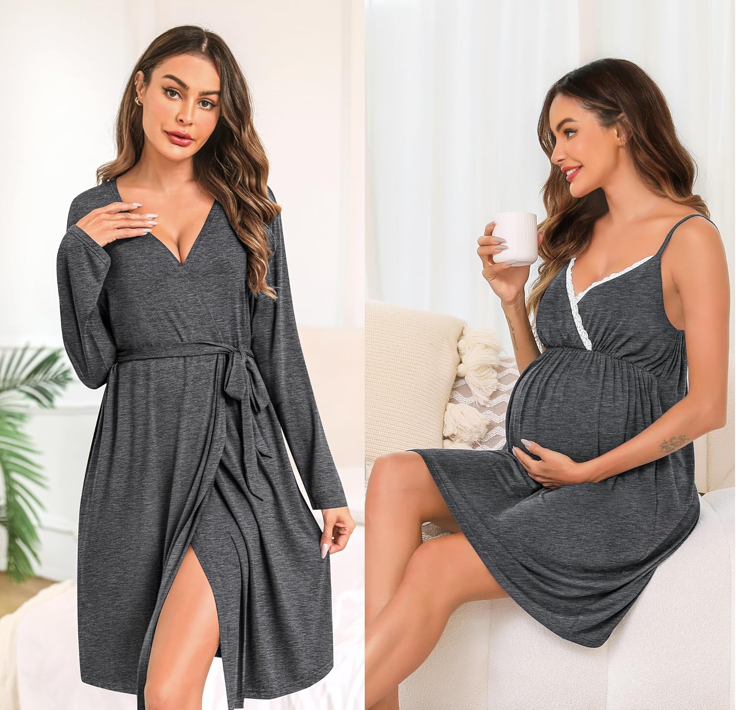 SWOMOG Womens Maternity Robe 2 Piece Nursing Nightgown for Breastfeeding 3 in 1 Labor Delivery Nursing Dress Lace Bathrobe - Image 5