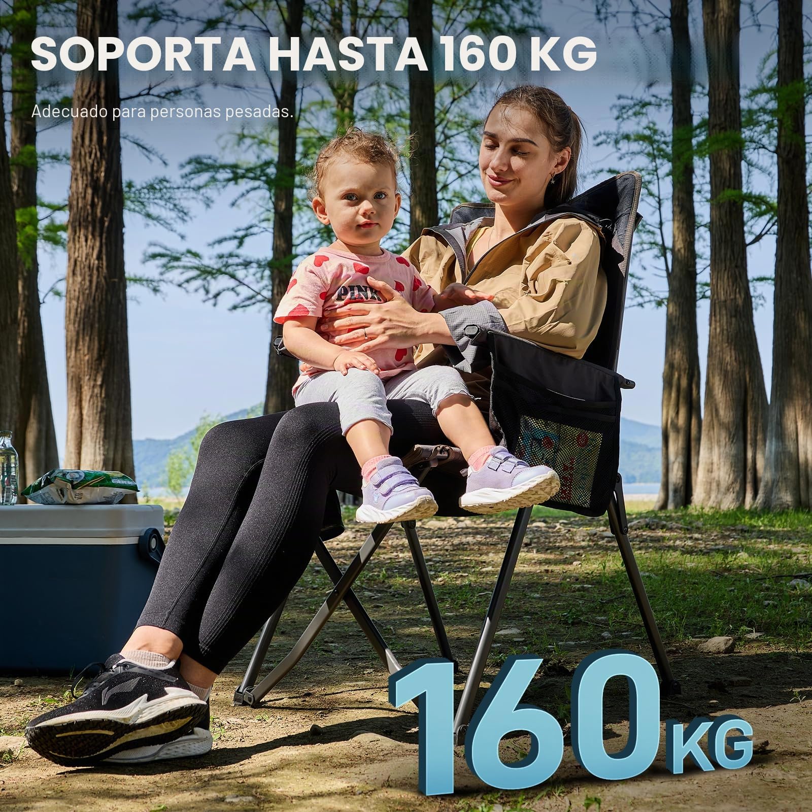 EVER ADVANCED Silla plegable de Campinng con respaldo ajustable, soporta 160 kg, silla plegable reclinable en 4 posiciones, silla plegable con bolsillo lateral y soporte para bebidas para camping