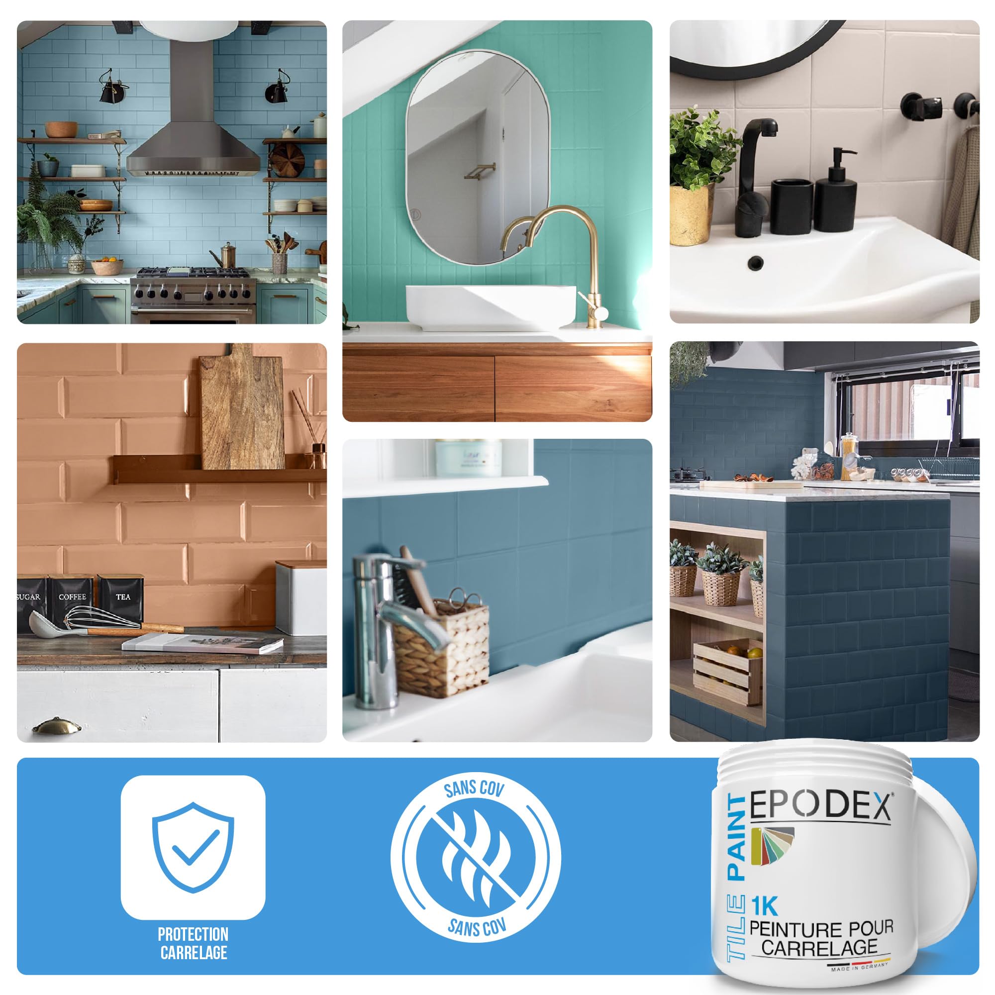EPODEX 1K Peinture carrelage cuisine, salle de bain et plus - vernis carrelage mural à usage normal, peinture satinée, 1kg (une couche sur 8m²) - Gris olive - Pastel | Peinture pour carrelage mural à usage normal, vernis satiné, 1 kg (8 m² en une seule co