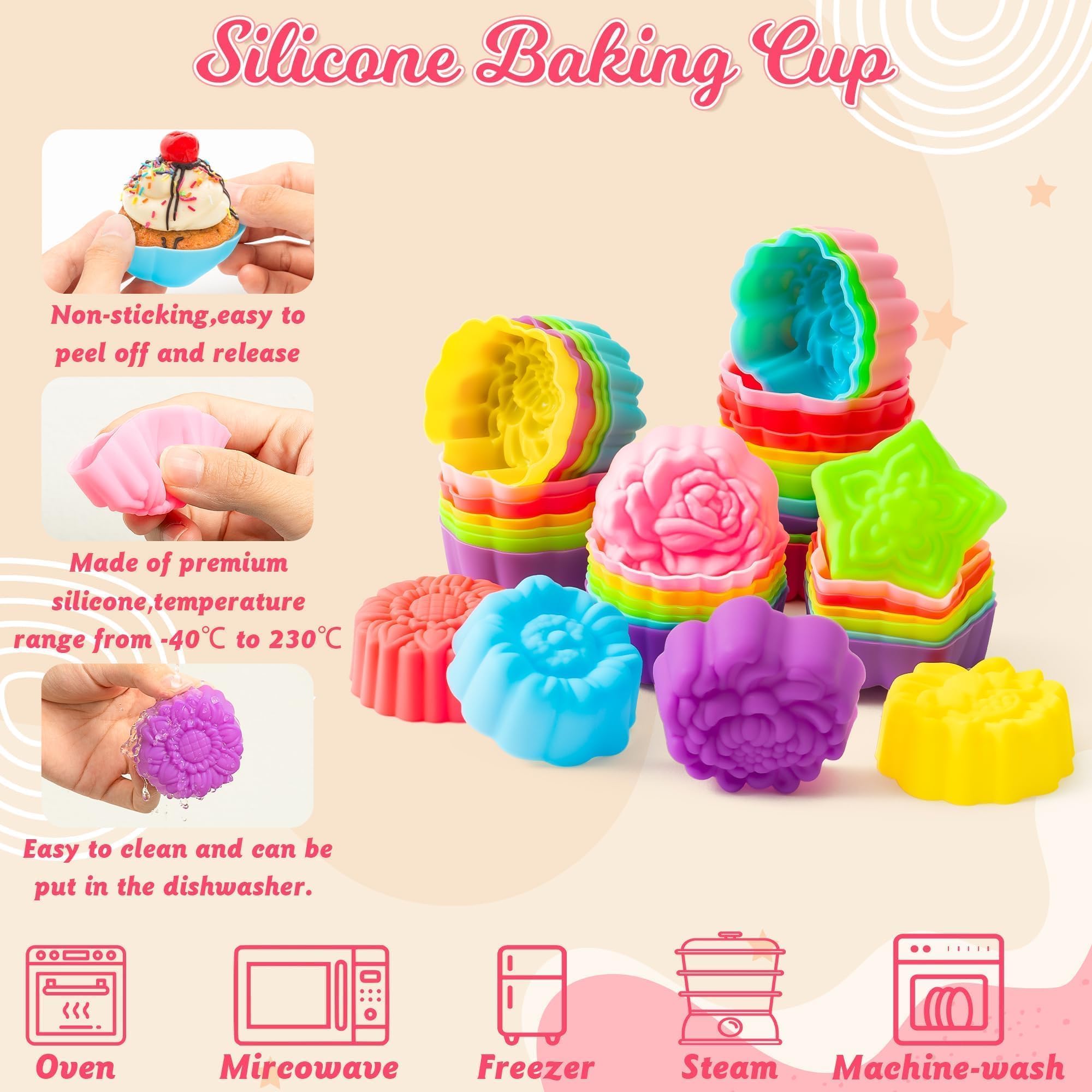 R HORSE 42P Lotu Baking Cup Formen Silikon Muffin Formen, Wiederverwendbare Backformen Lotusblume Sonnenblume Rose Form, Leicht Zu reinigen Antihaft Backwaren für Eis Kuchen Pudding