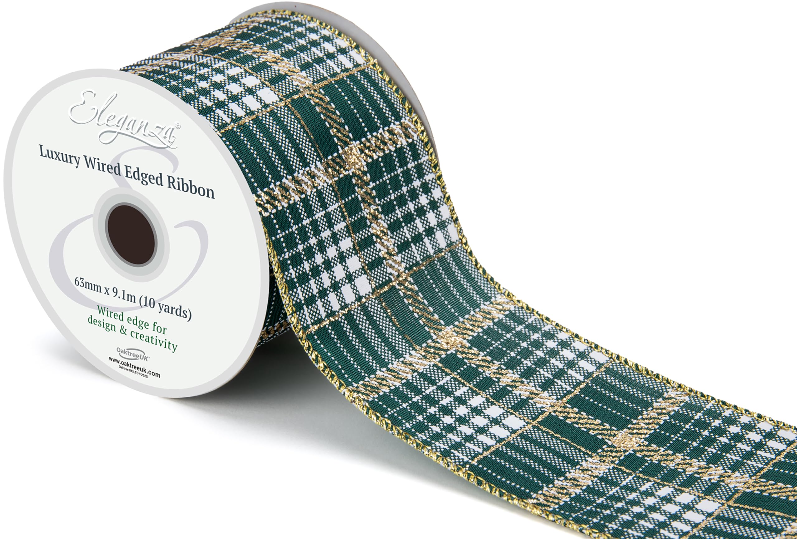 663688 Eleganza Wired Edge Luxury Tartan Green Gold Metallic No.474 63mm x 9.1m