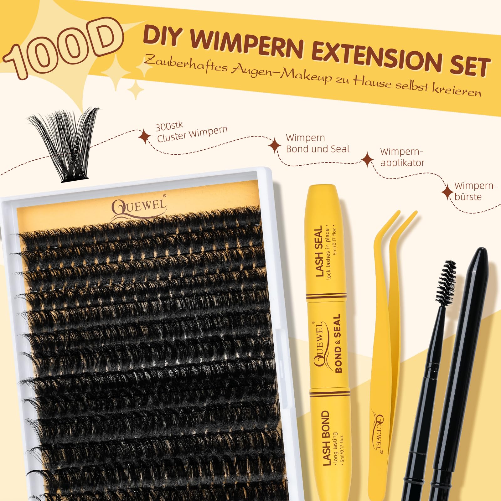 QUEWEL 300 PCS Kit Extension Cils, Extension Cils 10 à 20 mm avec colle à cils et joint, imperméable, Pince Faux Cils et brosse à cils pour une utilisation à la maison (Dense01-KIT)