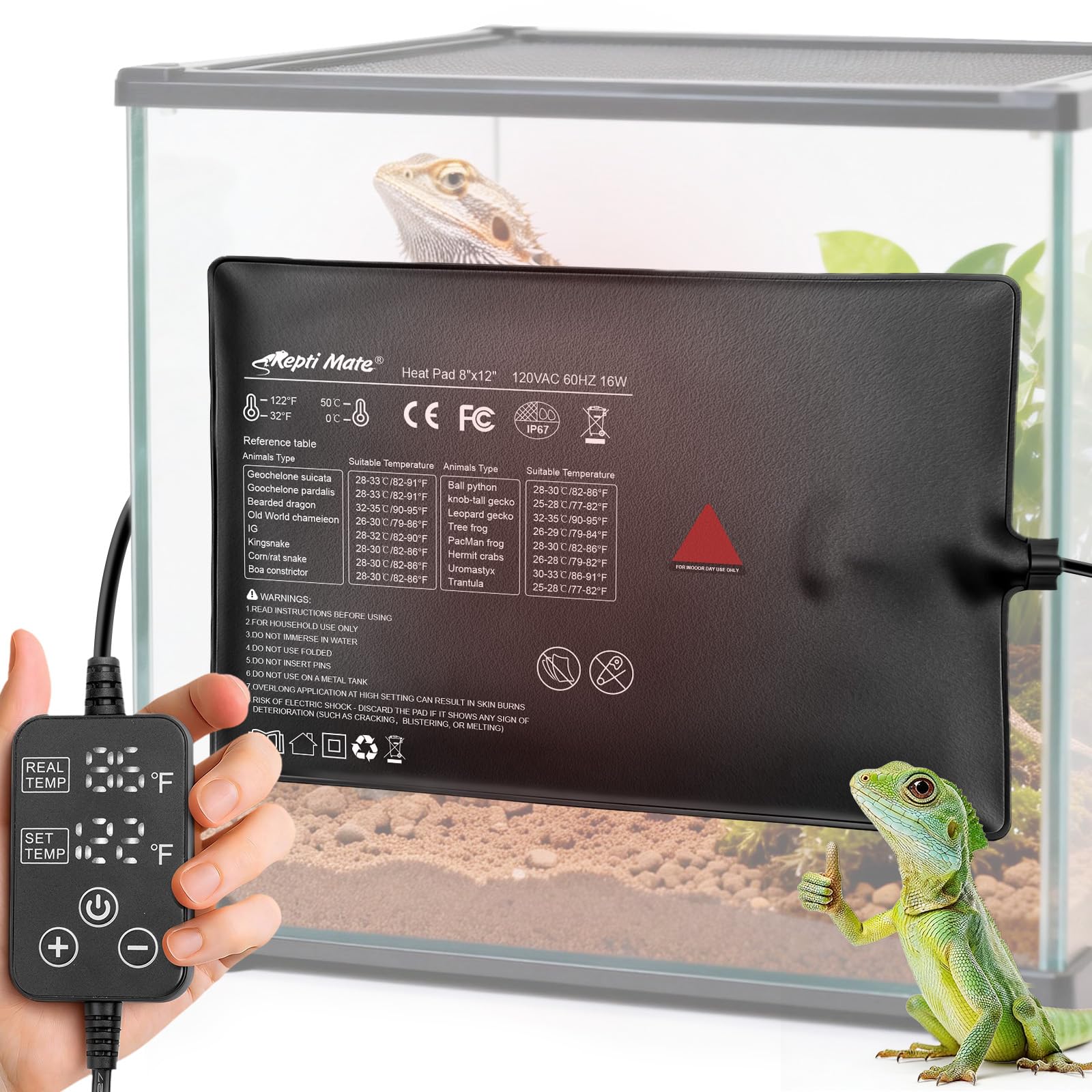 Reptile Heating Pad with Internal Sensor&Thermostat, 8" x 12" 16W Under Tank Heater Mat for 10-40 Gallon Tanks, IP67 Waterproof Safe Heat for Turtles, Bearded Dragons, Snakes, Lizards and Seedling