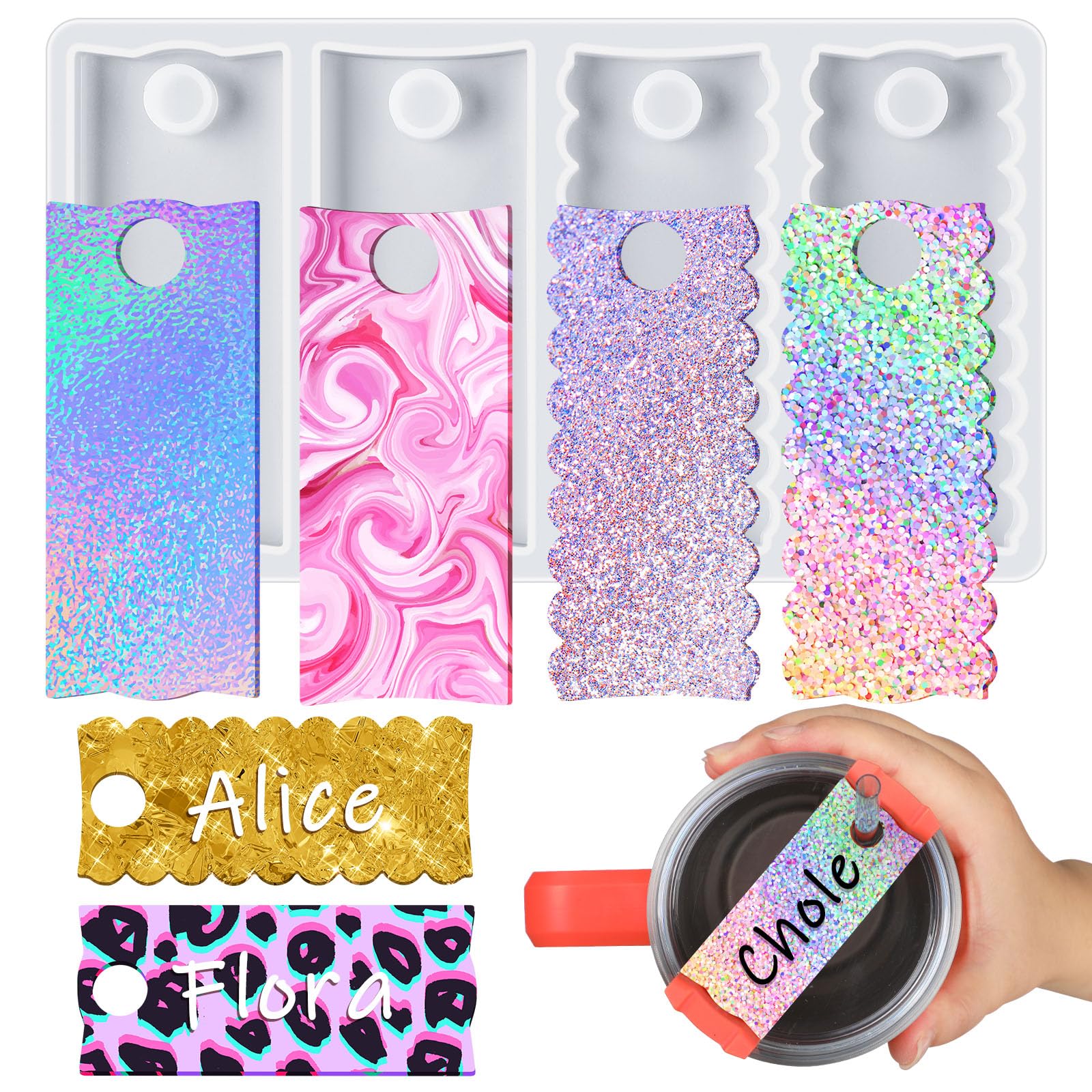 WillinglongName Plate Resin Molds Silicone Compatible with Stanley Cup Lid 40oz Tumbler with Handle 4 Pcs Name Tag Silicone Molds for DIY Name Plate Making Accessories Back to School Gift