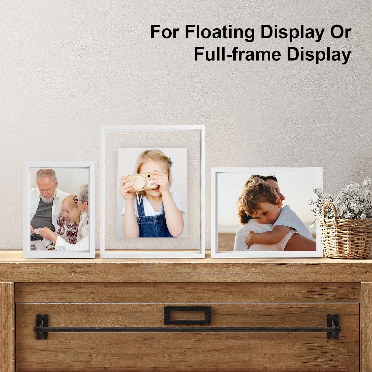 Egofine 11x14 Floating Frames Set of 2, Double Plexiglass Picture Frame, Made of Solid Wood Display Any Size Photo up to 11x14, Wall Mount or Tabletop Standing, White