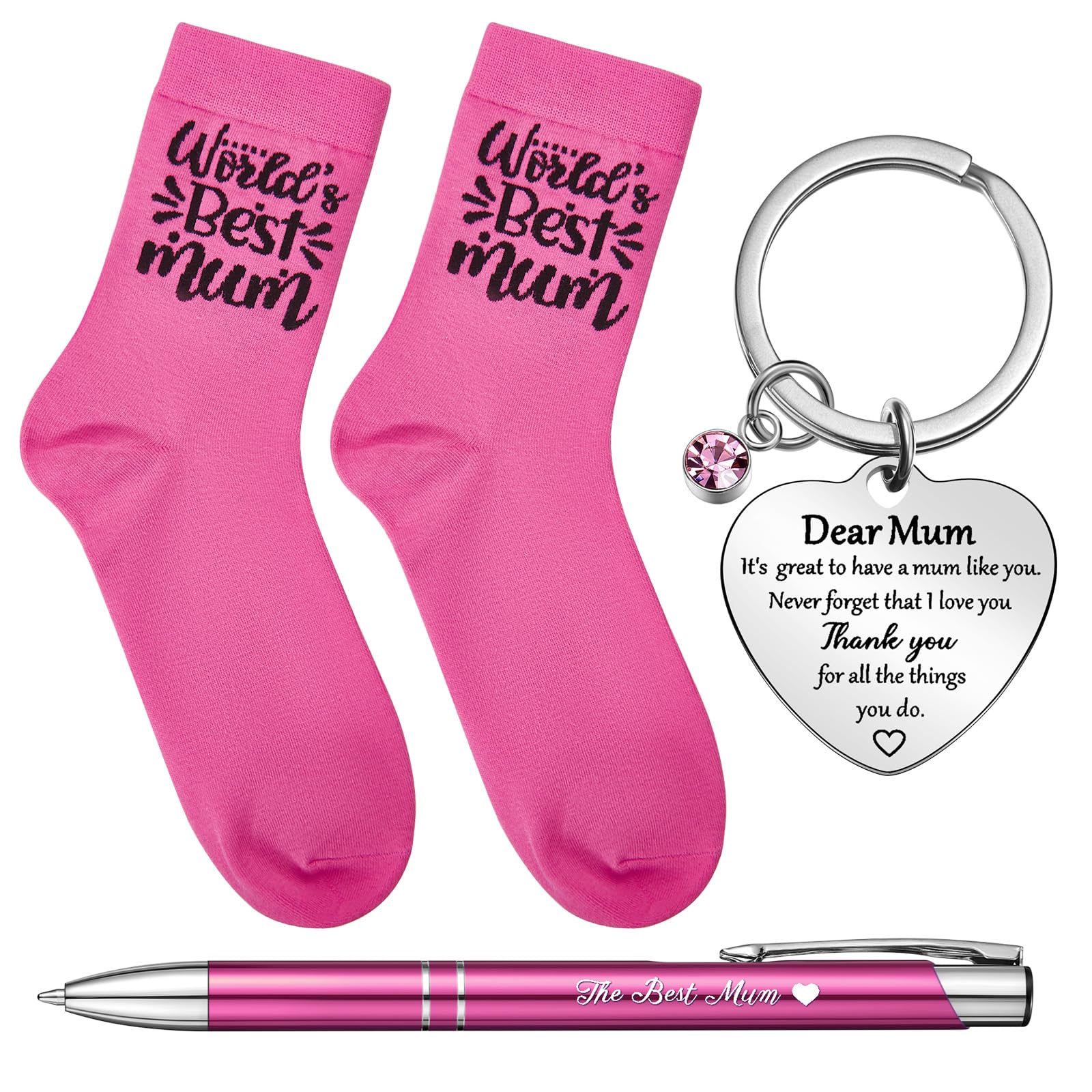 TenareTenare 4 Pcs Best Mum Ever Mother's Day Gifts Include Pink Socks, Mum Keyring, Ballpoint Pen, Envelope and Card Birthday Gifts from Son Daughter for Mother
