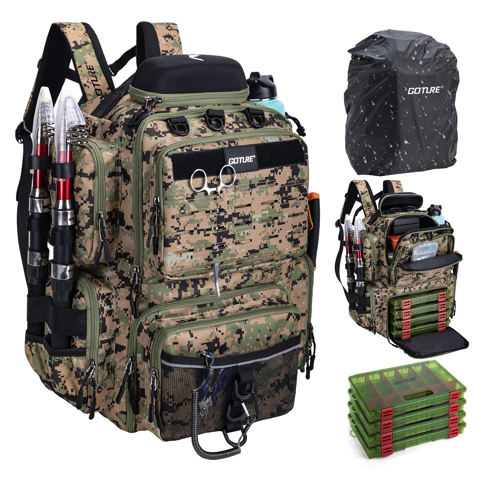 Goture Fishing Backpack with 4 Tackle Boxes,900D Water-Resistant Tackle Backpack with Rod Holders,Sunglasses Case,45L Large Storage Gear Bag with Rain Cover,Bottle Holder for Travel Camping Hiking