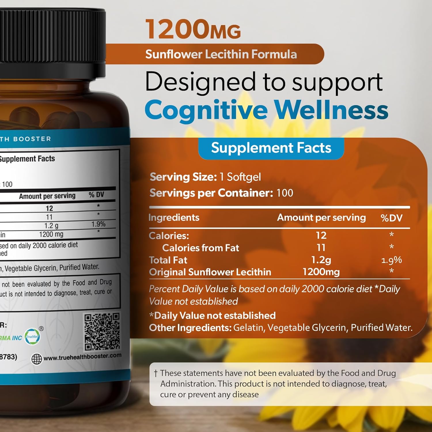 Organic Sunflower Lecithin 1200mg – Soy-Free Lecithin Supplement for Brain, Heart, Nerve & Liver Support, Cognitive Health, Non-GMO – 100 Softgels (Made in USA) - Image 3