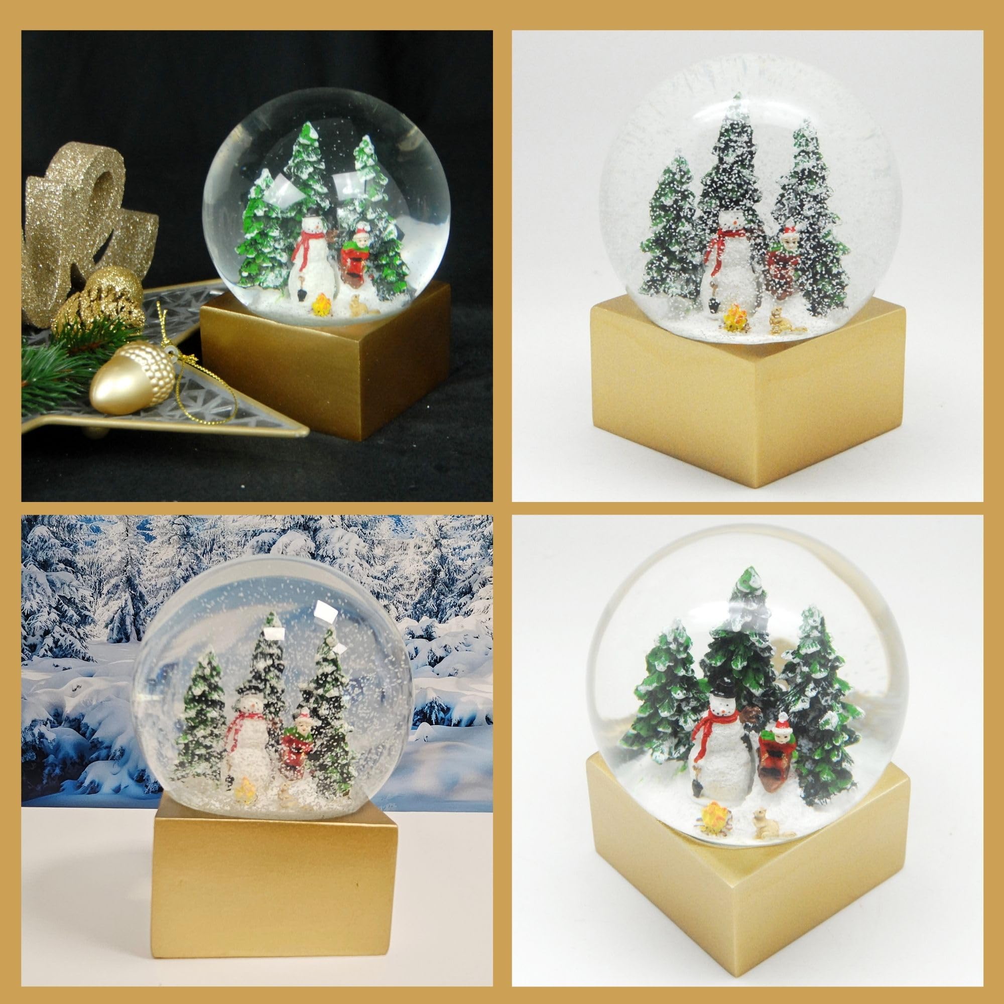 Weihnachts-Schneekugel Winterstimmung | Schneemann Steht mit Kind auf Schlitten | Sockel Farbe Gold | 100mm breit, 120mm hoch | Bezaubernde Schüttelkugel | Weihnachtsdekoration | 20238