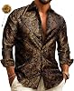 Barry.Wang Mens Silk Shirts Floral Paisley Button Down Dress Shirt for Men Mexico Western Cowboy Shirt with Brooch Vintage