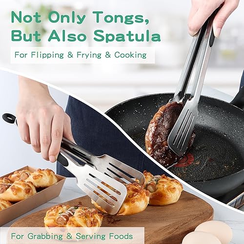Miniatura 3 de Pinzas de metal para cocinar, juego de 2 pinzas de espátula de acero inoxidable para asar a la parrilla, cocinar y voltear, agarre fuerte para