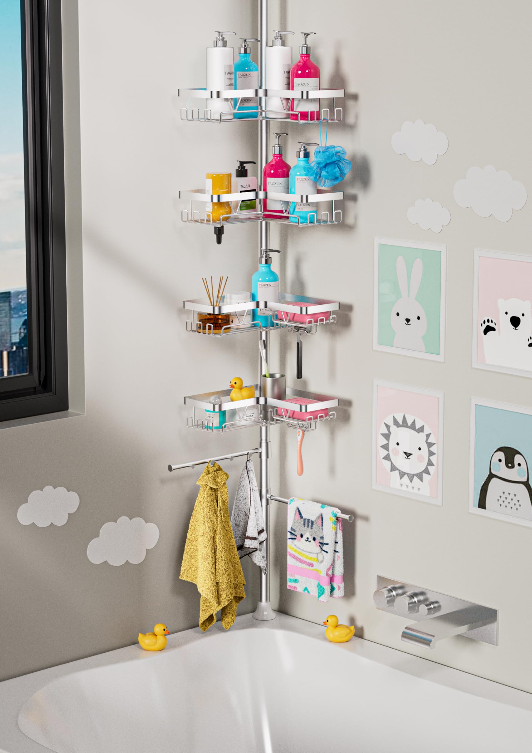 Taozun Shower Caddy Organizer Tension Pole Rustproof 2 Towel Bars and 4 Adjustable Shelves 25-114 2 Inch No-Drill
