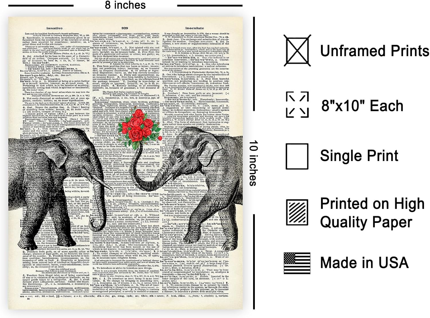 Poster Master Dictionary Art Poster - Elephant Couple Print - Elephant Art - Gift for Men, Women, Lovers & Animal Lover - Romantic Decor for Bedroom, Living Room or Nursery - 8x10 UNFRAMED Wall Art