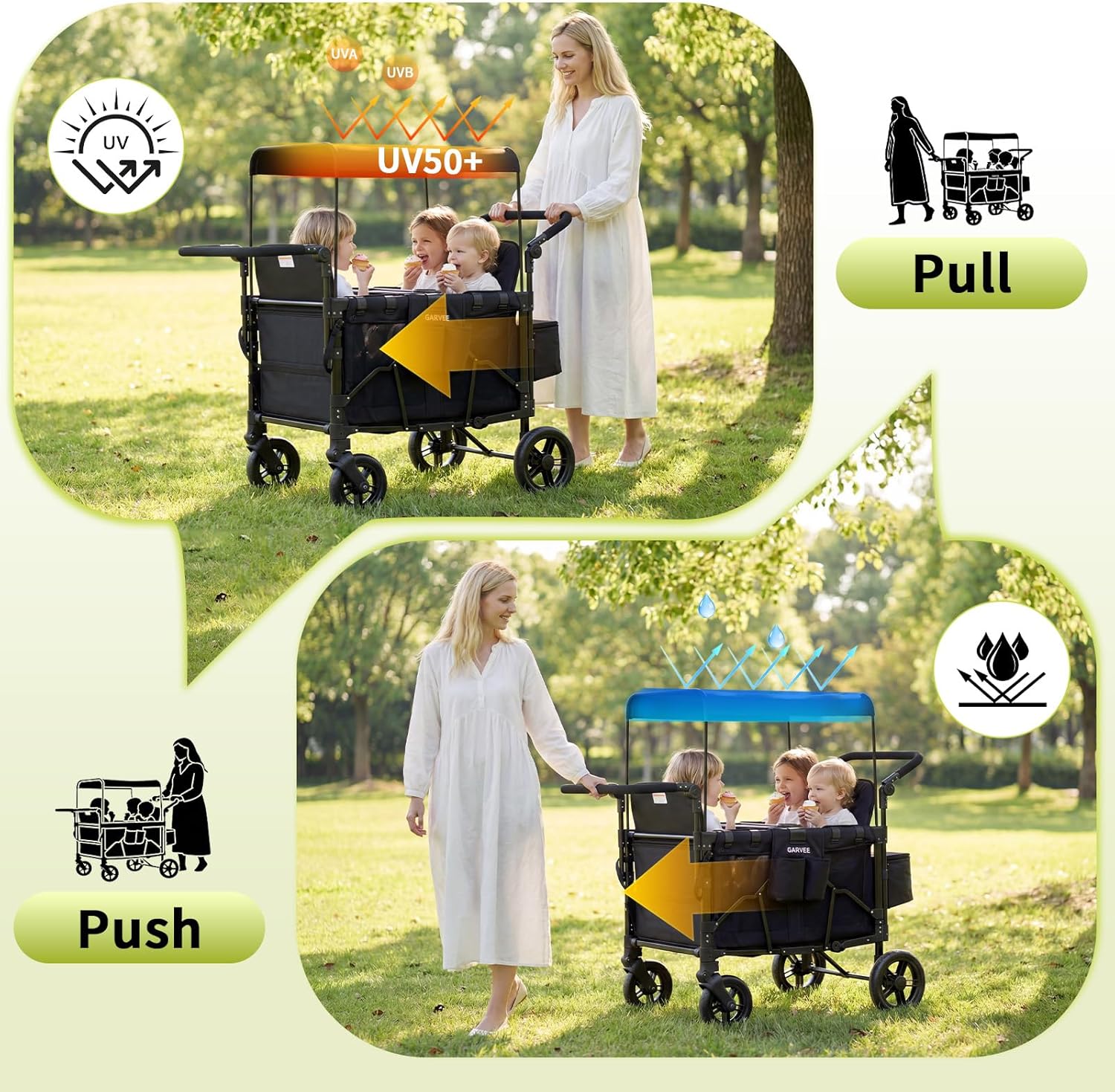 4 Seater Wagon Stroller - Premium All-Terrain Wagon for Kids with Snack Tray, Removable Canopy, Adjustable Push/Pull Handle & Fold, Black