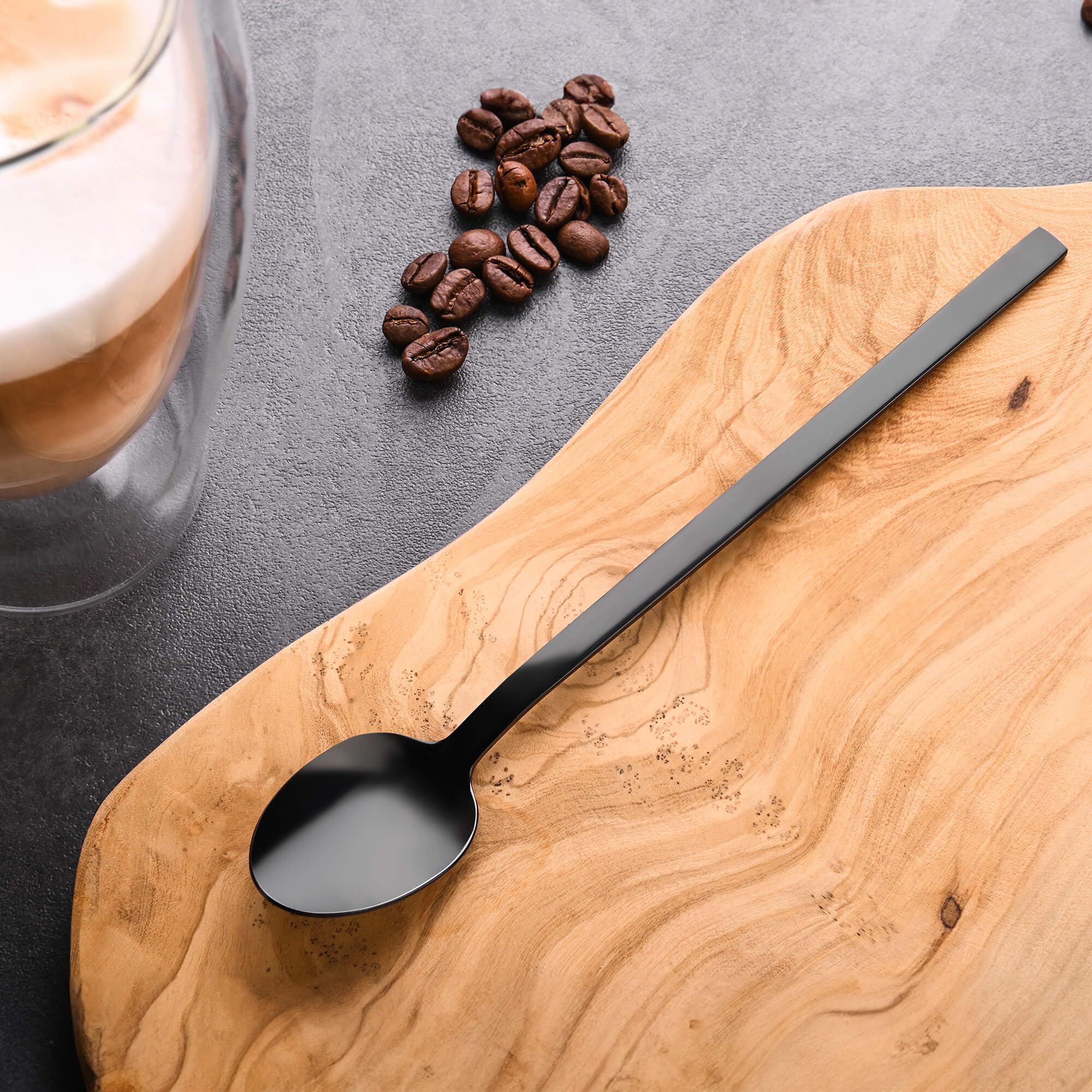 GRÄWE Latte Macchiato Löffel Set, Schwarz, 6-teilig, 19 cm, Lange Löffel, Cocktaillöffel, Dessertlöffel, Eislöffel, Löffel für Eiskaffee, Edelstahl, spülmaschinengeeignet, Serie Lissabon