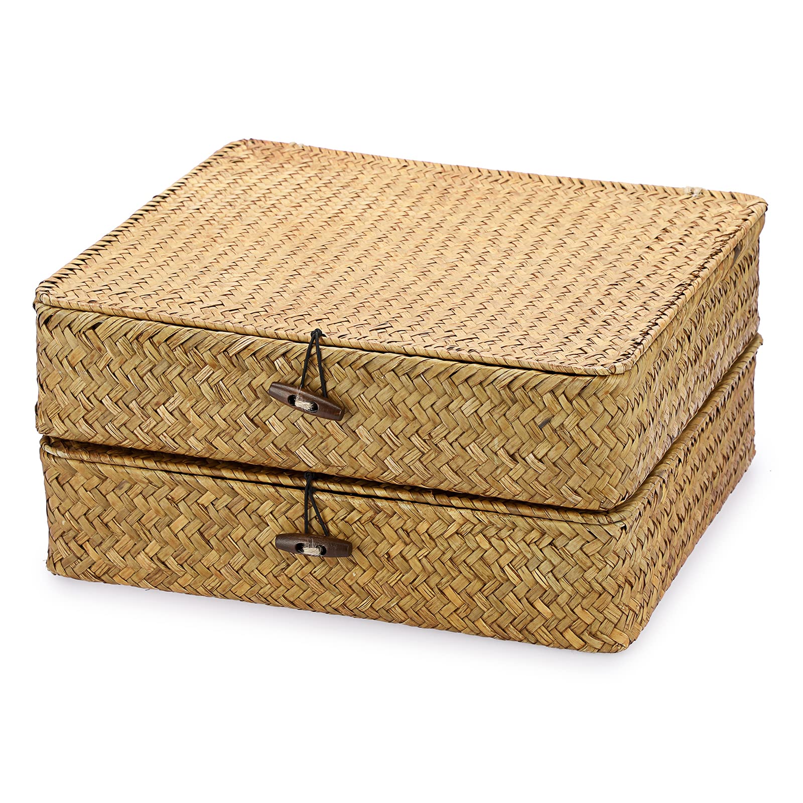 Hipiwe Flat Seagrass Storage Bins with Lid - Set of 2 Large Woven Wicker Basket Box Multipurpose Home Organizer Bin Baskets for Shelf Bathroom Home Organizer, Caramel