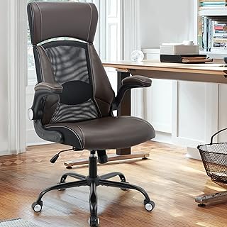Clearance Executive Office Chair, Ergonomic Leather Desk Chair - Widened Adjustable Headrest with Flip-Up Arms, High Back Computer Swivel Task Chair with Lumbar Suppo, Brown (,Large)