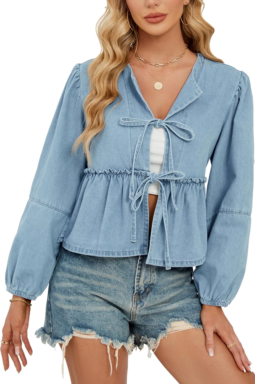 D-Sun Women Fall Peplum Babydoll Denim Shirt Tie Front Long Puff Sleeves Jean Blouse Y2K Cropped Bow Open Front Top