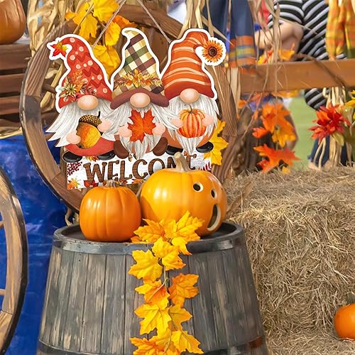 Miniatura 4 de Whaline Letrero colgante de madera de otoño, gnomos, otoño, Acción de Gracias, letrero rústico de puerta de madera para cosecha de otoño, decoración