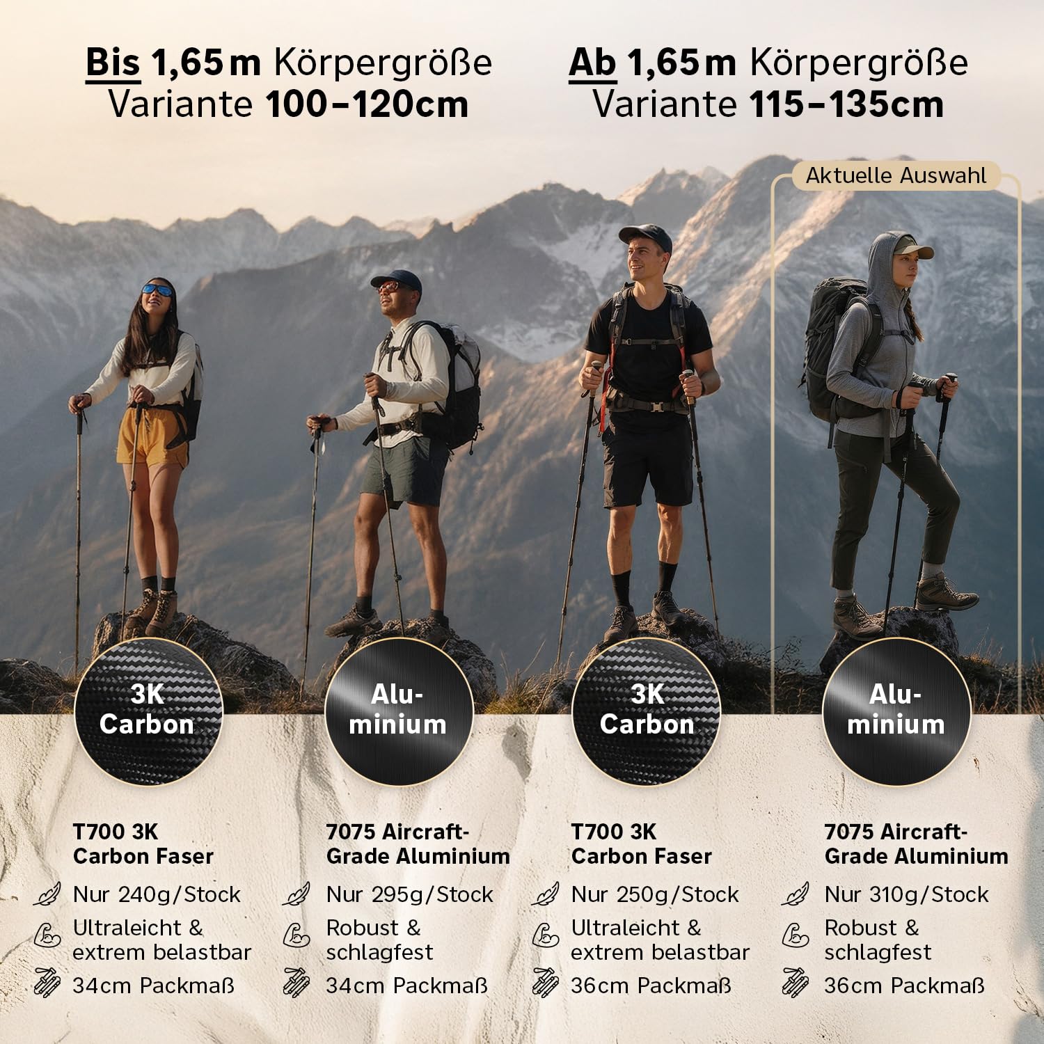 Bastones de senderismo plegables de carbono y aluminio (solo 240 g/295 g) con mango de corcho | Bastones de trekking ultraligeros y ajustables sin niveles, para marcha nórdica, 115-135 cm/100-120 cm, para hombre y mujer