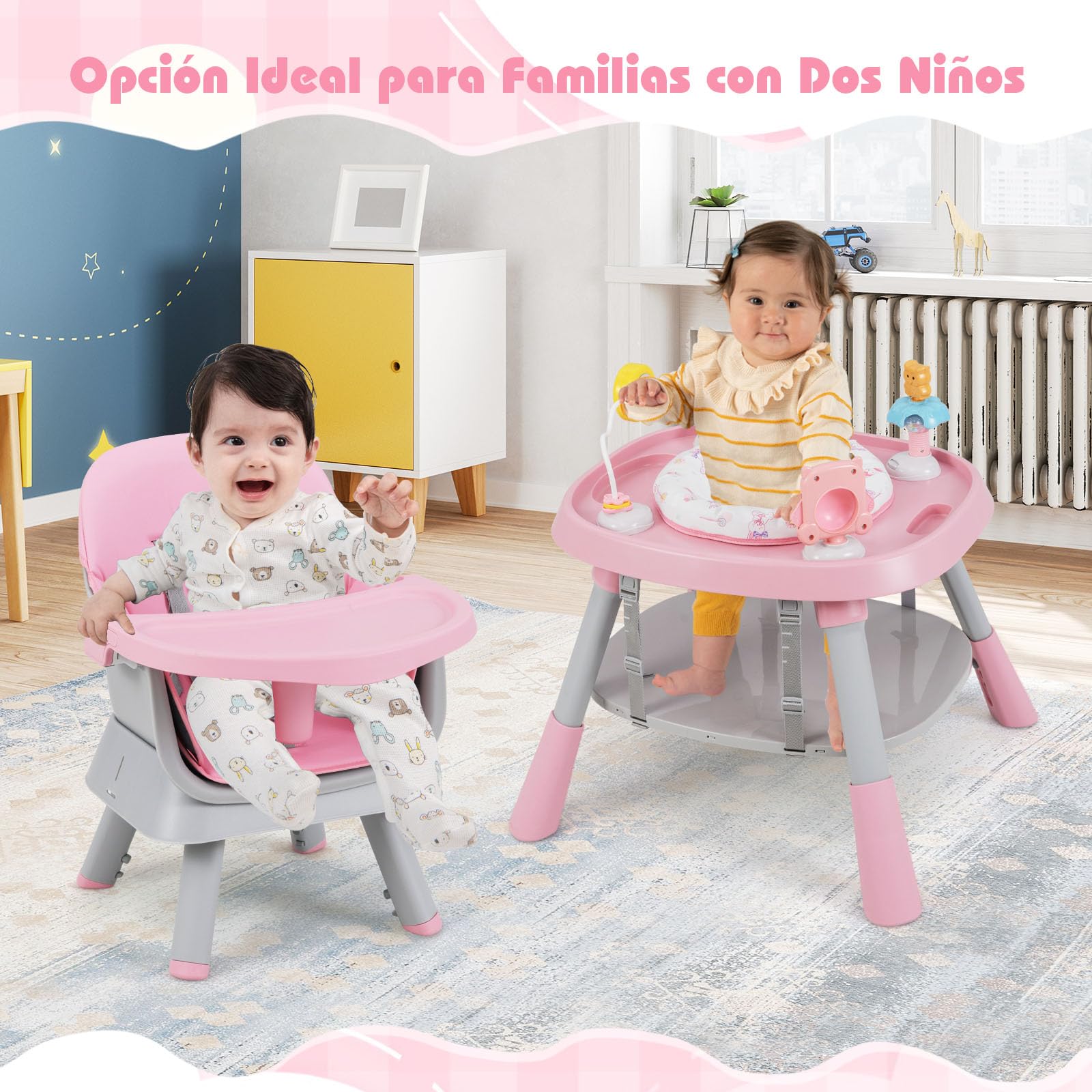 COSTWAY Trona Evolutiva Bebé 16 en 1, Trona Bebé con 3 Alturas Ajustables, Asiento Giratorio 360°, Bandeja con 3 Opciones y Mesa de Doble Cara, Silla de Comer para 6-36 Meses (Rosa)