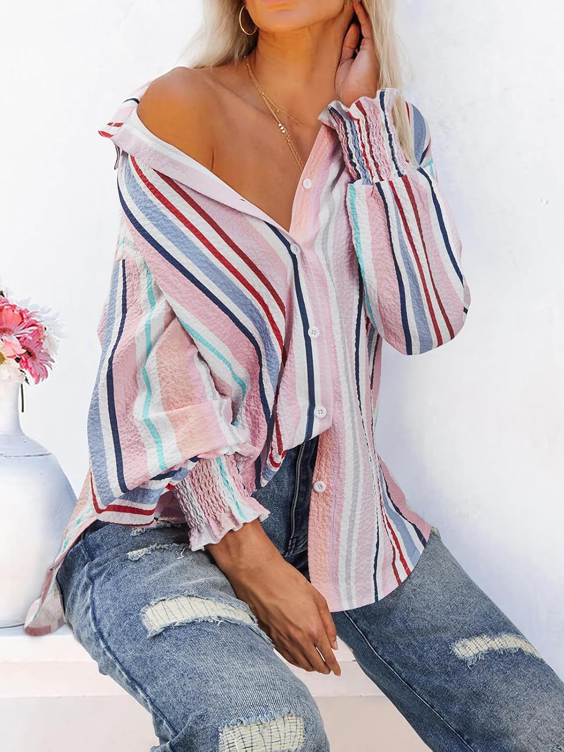 siliteelon Button Down Striped Shirts for Women Smocked Cuffed Long Sleeve Oversized Boyfriend Blouses Collared Work Tops - Image 6