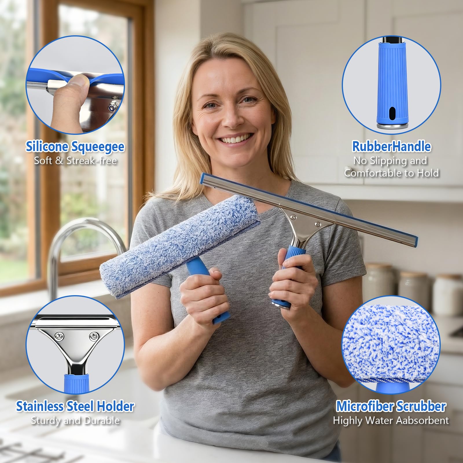 Fensterreiniger Set mit 12L Eimer, Profi Fensterputzer mit 35CM Fensterwischer & Fenster Einwascher, 5-teiliger Montagestiel, Mikrofasertuch, Fensterreinigungsset für Fenster, Glas, Dusche und Haus