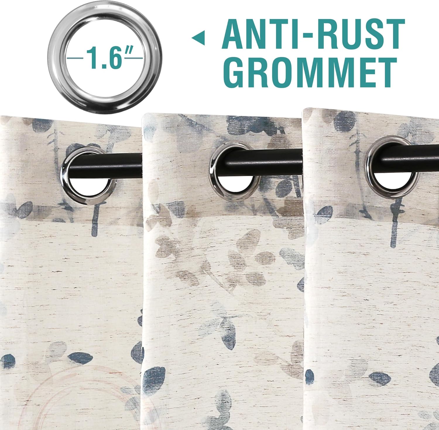 Grommet Room Faux Linen Sheer Window Curtains, Ink Painting Stylized Floral Print Sheer Curtains for Living Room Bedroom (Blue/Taupe, 52''x 84'')