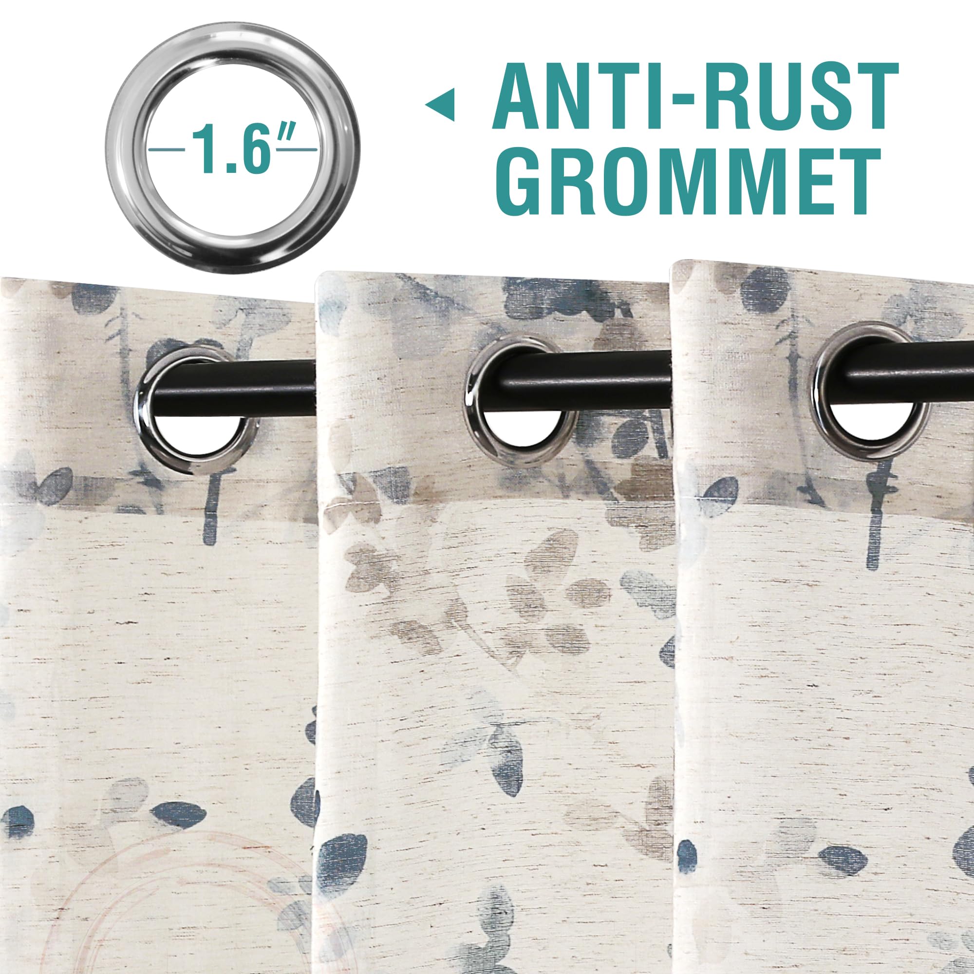 Rideaux de fenêtre transparents à œillets en faux lin, imprimé floral stylisé, peinture à l'encre pour salon, chambre à coucher (bleu/taupe, 132,1 x 241,3 cm)