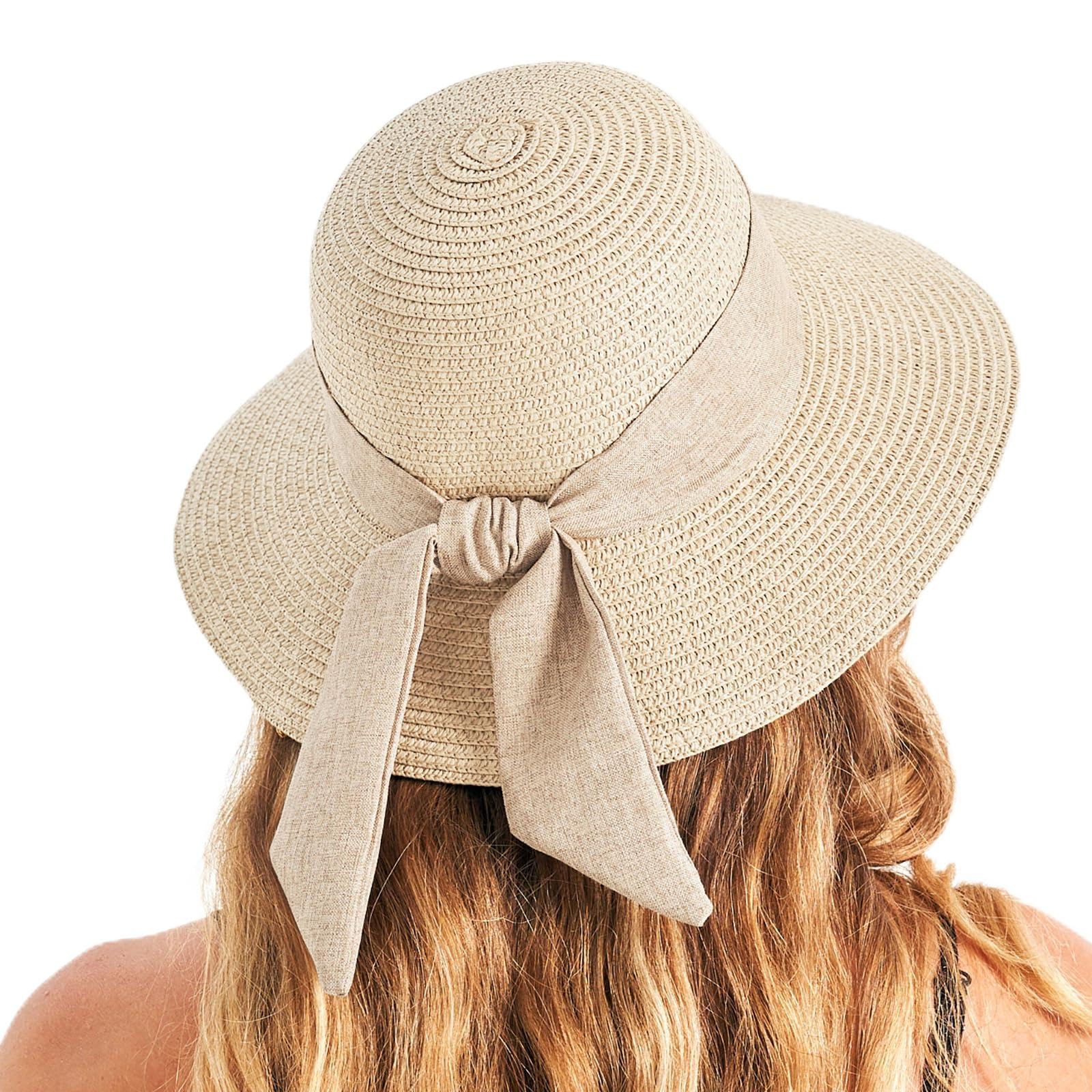 Gajaous Sombreros de playa para mujer UPF 50+, sombrero de paja de ala ancha para mujer con decoración de lazo, ligero, plegable, plegable, sombrero de paja para viaje de verano
