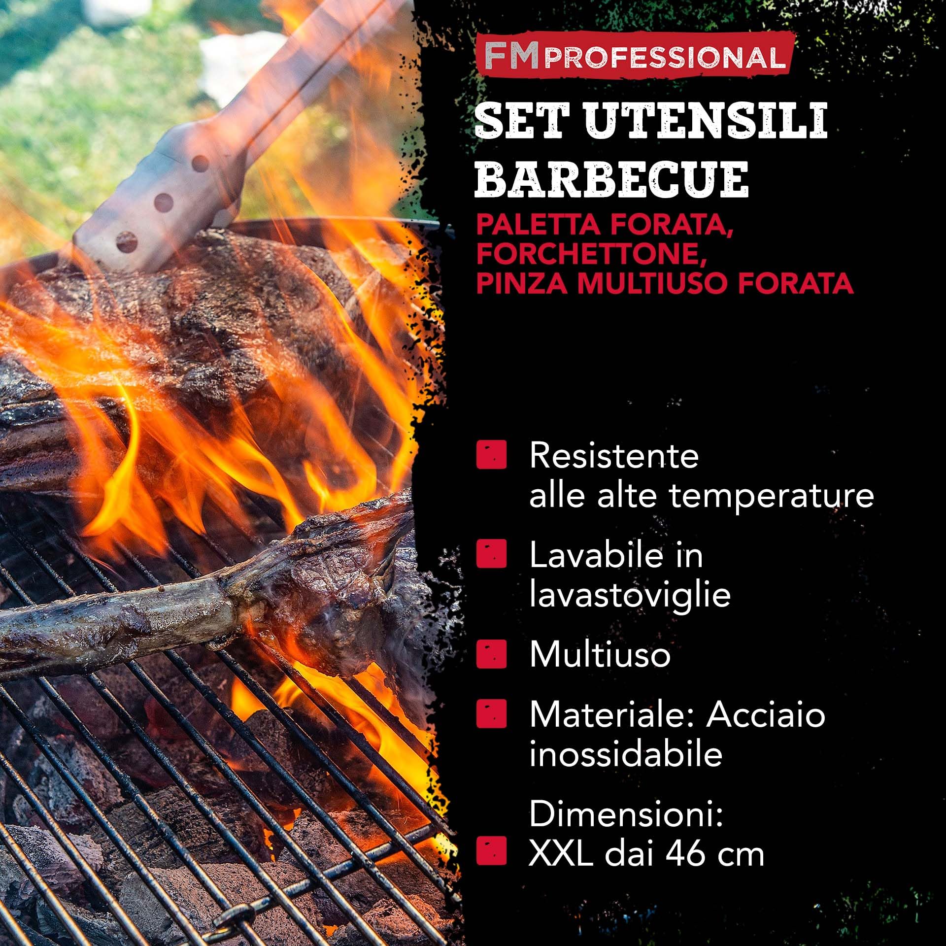 FMprofessional Set di utensili per barbecue e grigliate, forchettone, paletta forata e pinza multiuso forata, utensili per BBQ resistenti alle alte temperature, lavabili in lavastoviglie