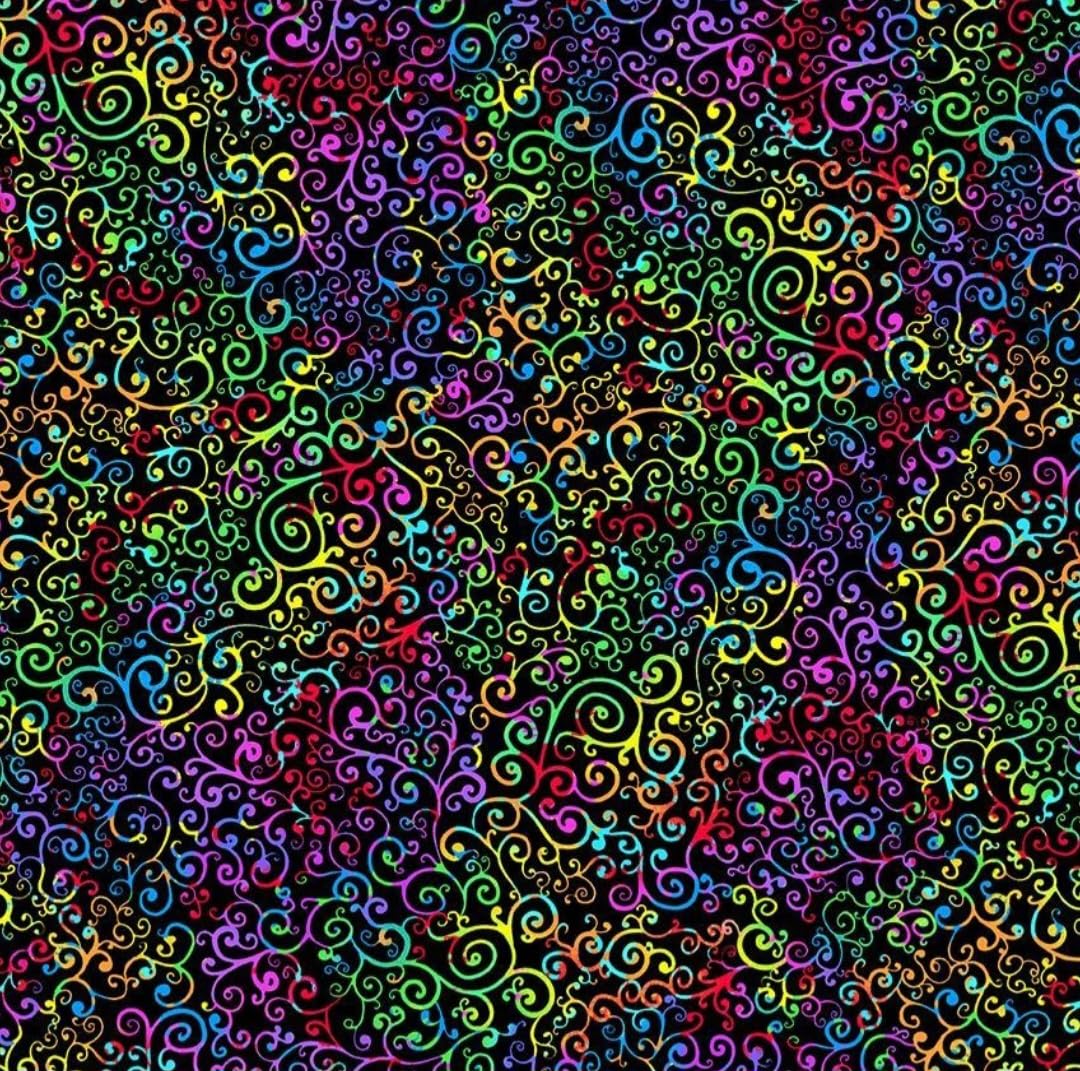 Prism by Timeless Treasures Rainbow Swirly Scroll Vines on Black Cotton Fabric by The Yard, CD2847-BLACK