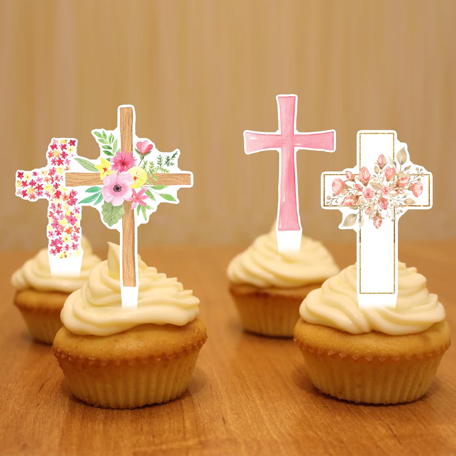 Floral Cross Cupcake Toppers 48Pcs God Bless Flower Party Decorations Colorful Baptism Cross Cake Toppers for Spring Newborn Easter First Communion Baby Shower Supplies
