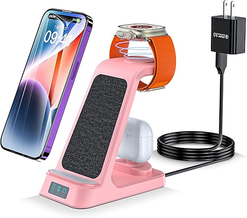 HUOTO Estación de carga inalámbrica, cargador inalámbrico Qi rápido de 18 W compatible con iPhone 14131211Pro8,3 en 1 soporte de carga inalámbrico