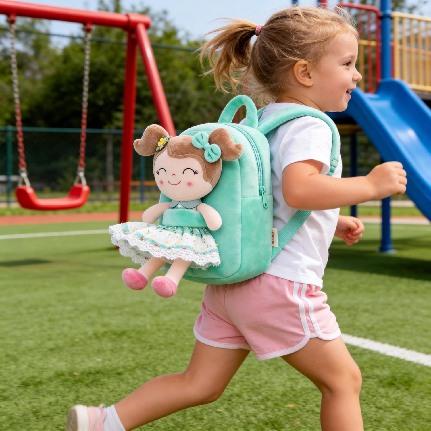 Gloveleya Kids Backpacks Girls Backpack Plush Bags with Soft Baby Doll Green 9" | with Soft Baby Doll