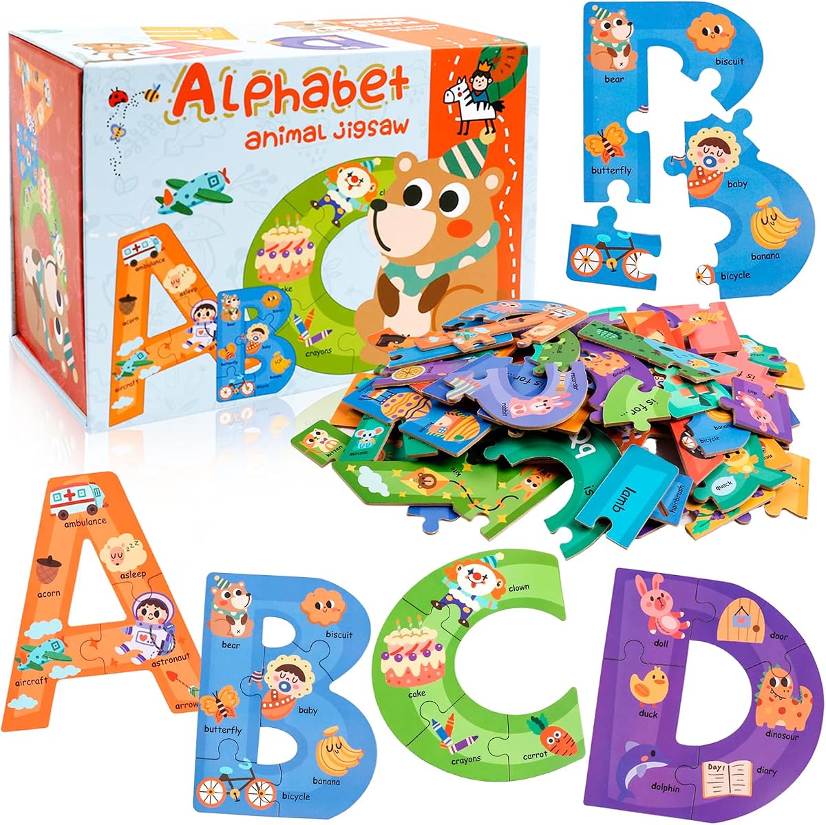 ABC Wooden Alphabet Kids Puzzles Ages 3-5,STEM Montessori Preschool Pattern Blocks Jigsaw Puzzles Toys Learing ABC Letter Color Shape Animals Games