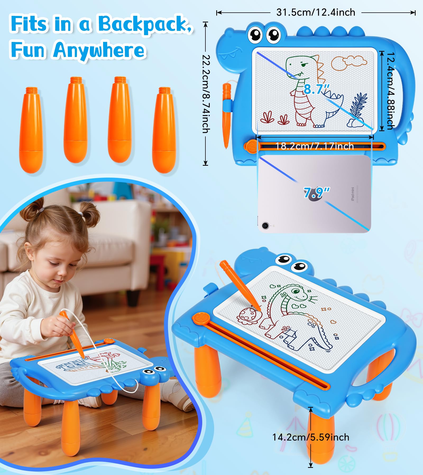 AiTuiTui Ardoise Magique Dinosaure Pieds Amovibles pour Enfants, Tableau Magnétique Éducative Bébé 1 2 3 Ans, Jouet Créatif d’Écriture Filles Garçons, Jouet de Voyage Cadeau Anniversaire Noël, Bleu