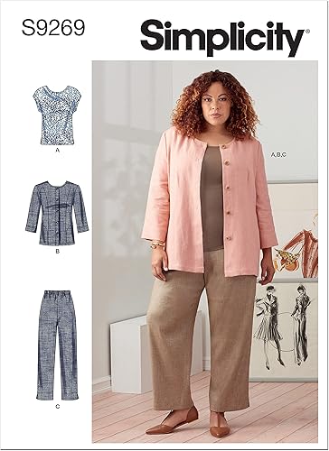 Simplicity Paquete de chaqueta para mujer, parte superior de punto y pantalones sin cordones, patrón de costura código 9269, tallas 26W-32W, blanco