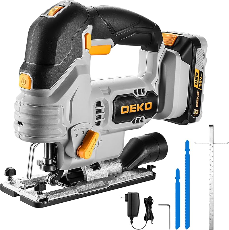 Herramienta eléctrica inalámbrica para sierra de calar: sierra de calar eléctrica DEKOPRO 20V con luz LED, velocidad variable de 800-3000 RPM, longitud de carrera de 7/8", 3 ajustes orbitales, cortes en bisel de ±45° para corte recto/curvo/circular (gris)