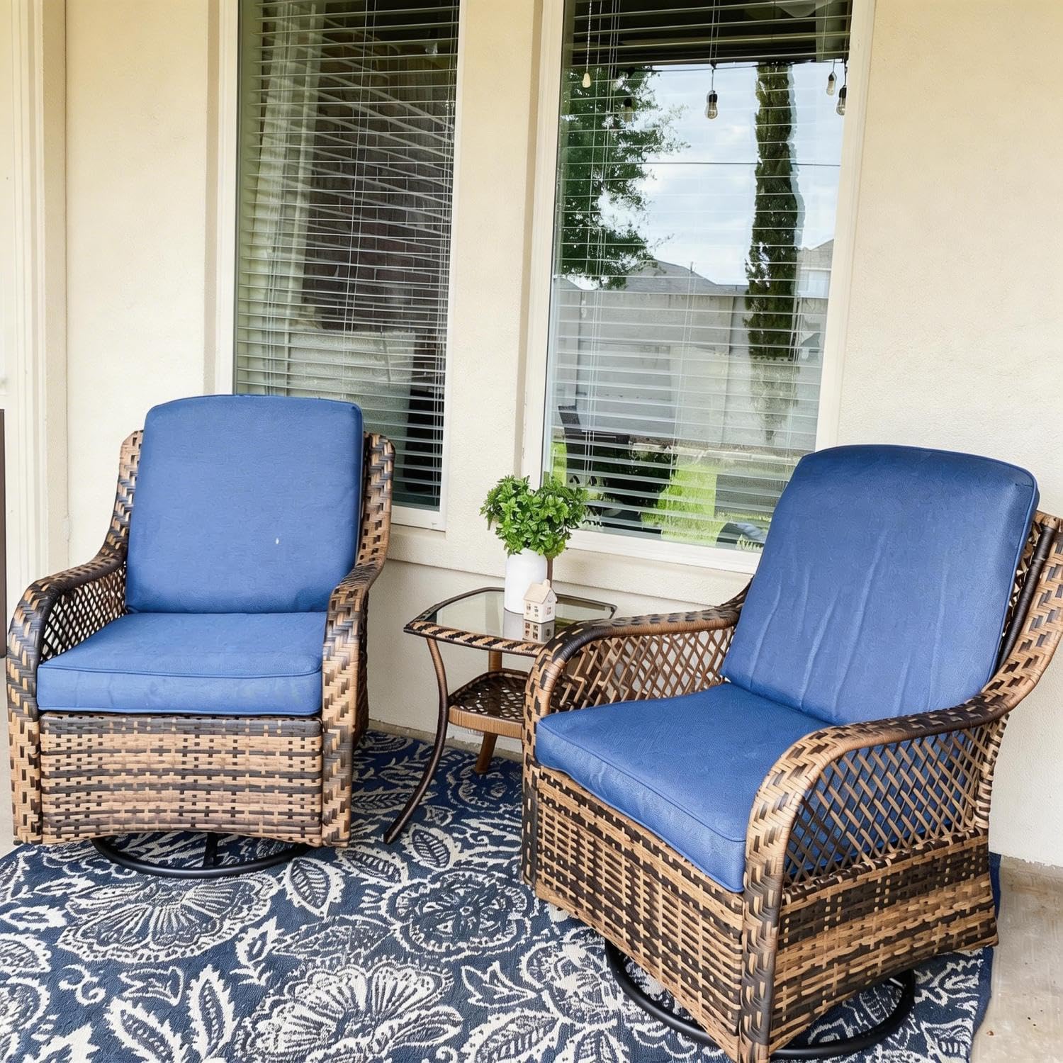 PHI VILLA Oversized Outdoor Swivel Rocker Chairs Set 3 Piece with 1 Table and 2 Rocking & Swivel Chairs Support 350lbs Navy Blue Wicker Outdoor Furniture Patio Conversation Set