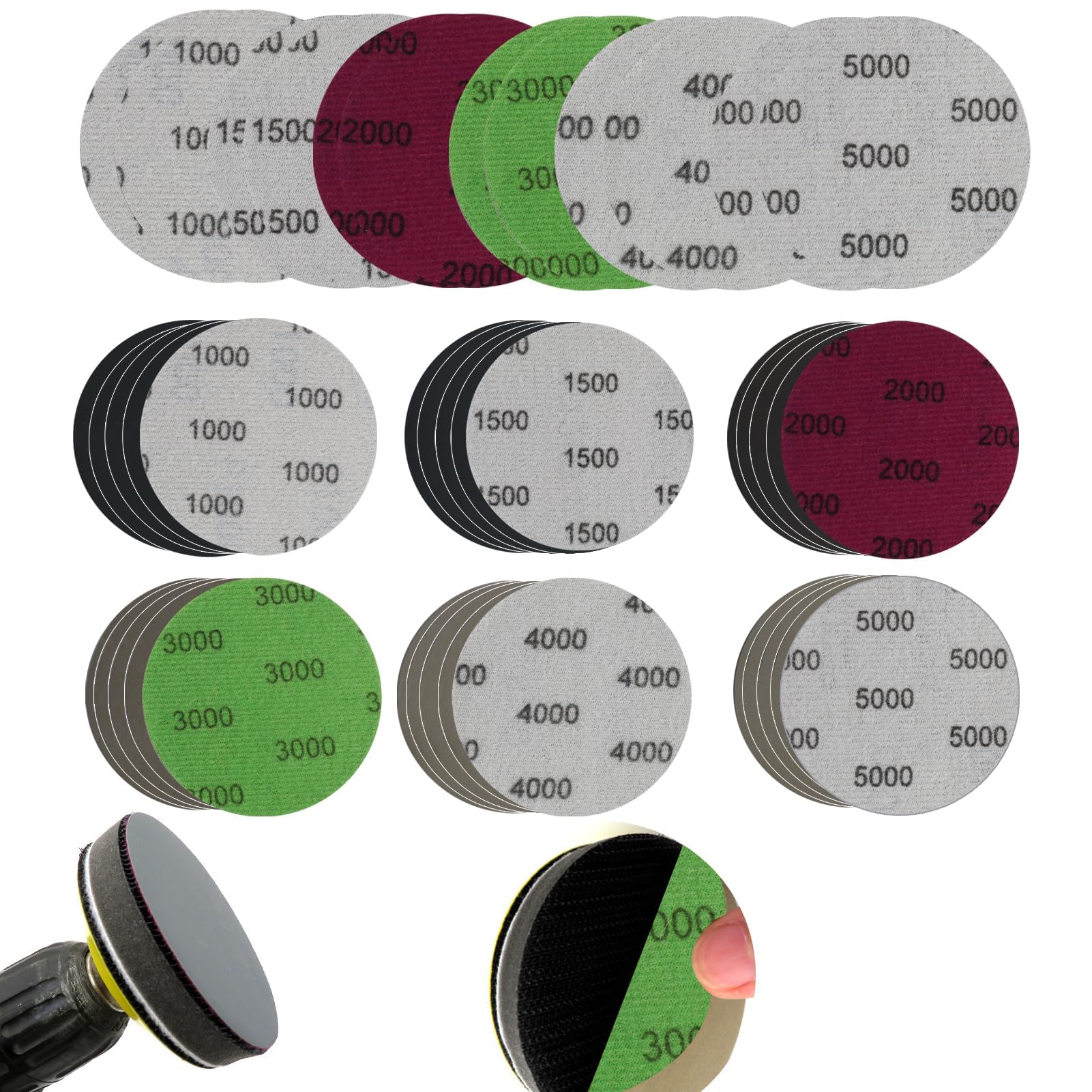 Set di 30 Dischi Abrasivi da 75mm, Carta Vetrata per Levigatura a Secco e Bagnato, Grane 1000/1500/2000/3000/4000/5000, Ideali per Legno, Metallo e Lucidatura Auto