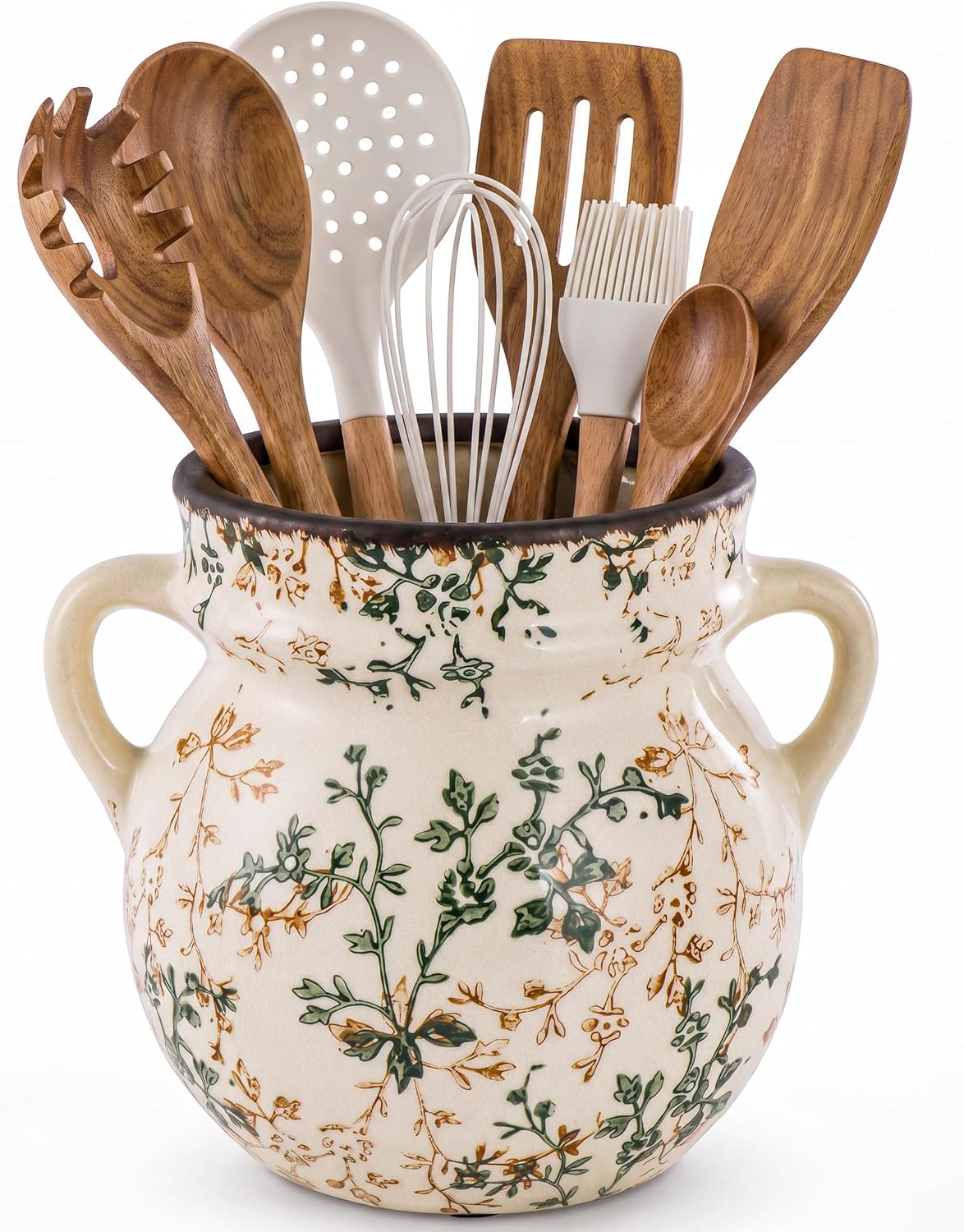 Ceramic Countertop Utensil Holder, 6.8 Inch Vintage Farmhouse Floral Crock
