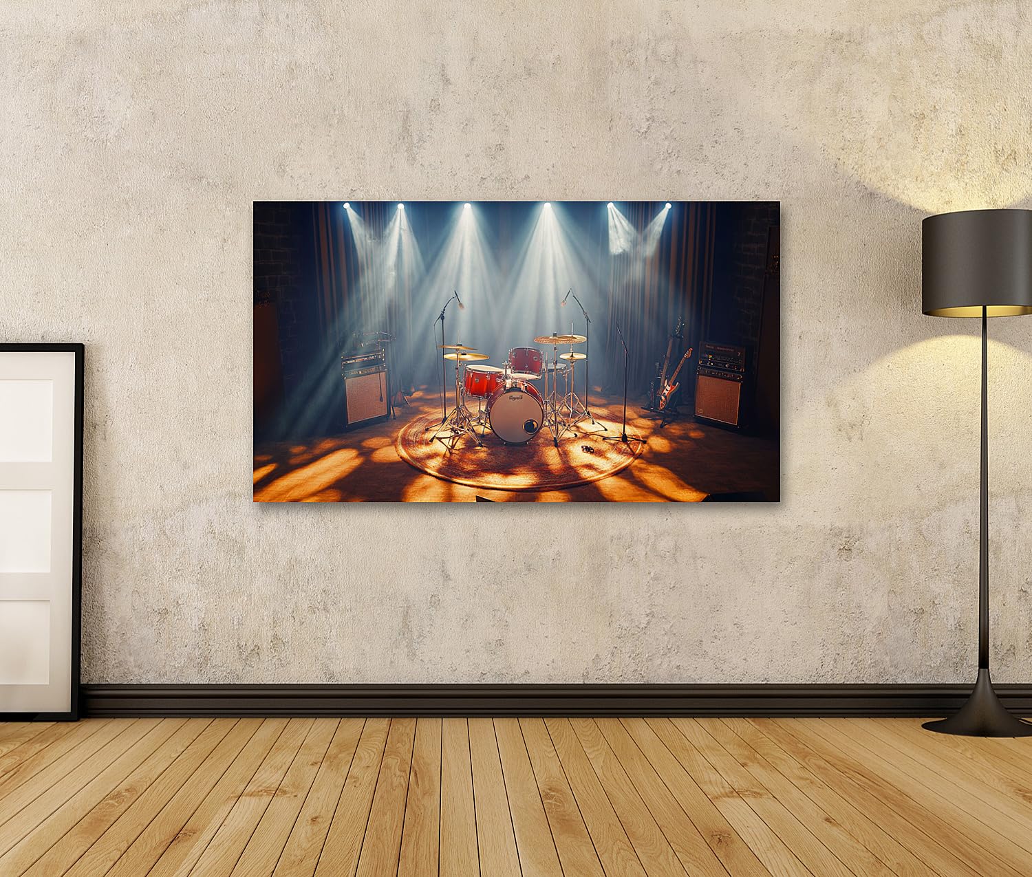 islandburner Prime Quadro su tela Luce da palcoscenico su batteria e chitarre per soggiorno amanti della musica negozio immagini murali poster