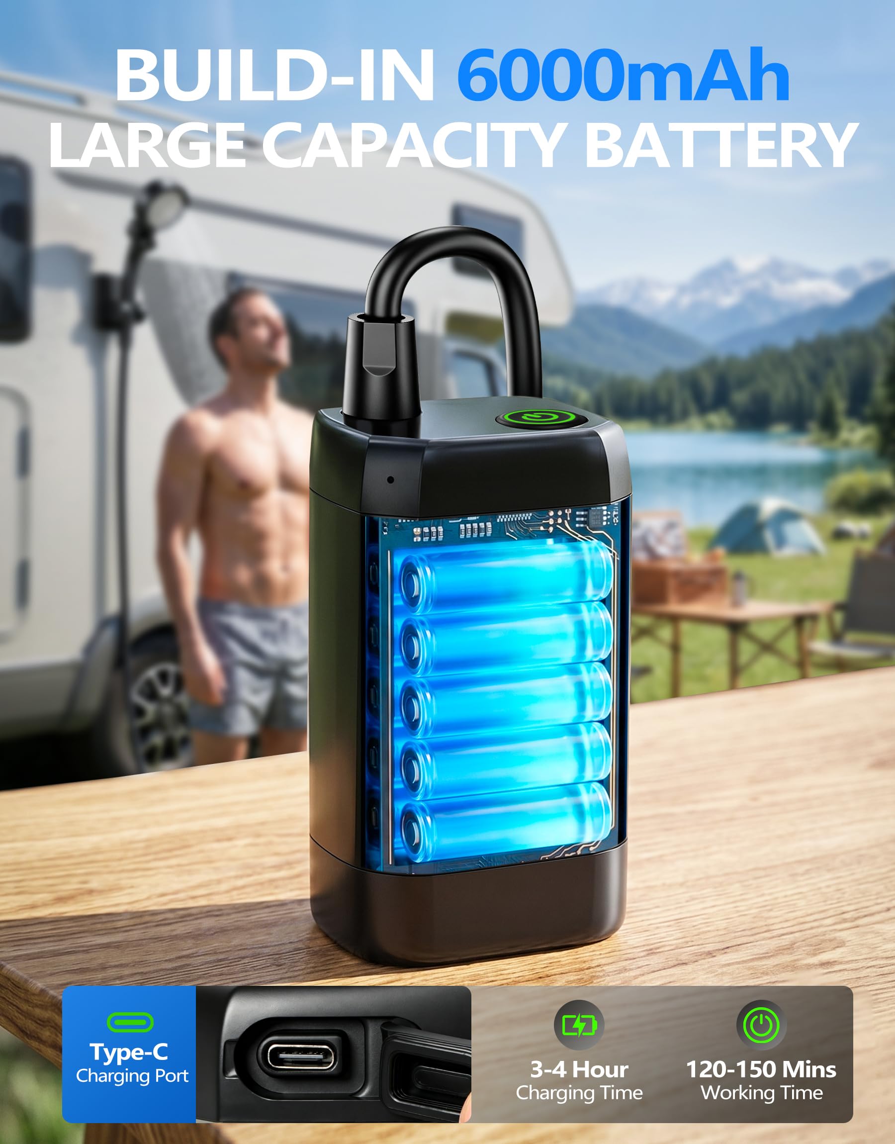 LuxBlue Ducha Portatil Camping, Recargable Ducha Portatil Bateria 6000mAh, Duchas Camping Bomba con LED Pantalla de Temperatura&Batería, Alcachofa y Manguera 2M, Duchas Portatiles para Campings, Playa