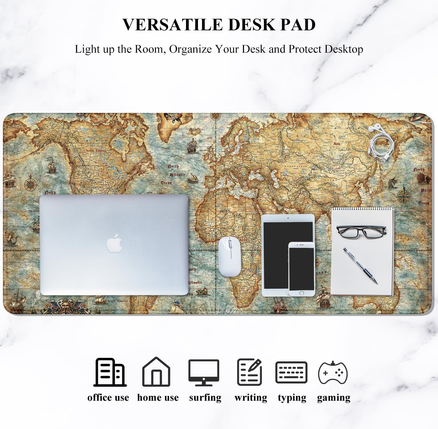 Auhoahsil Large Mouse Pad, XXL Gaming Mousepad, Desk Mat for Desktop, Thick Rubber, Big & Long Size, Stitched Edges, Full Desk Pad for Laptop & Computer, Extended 31.5 x 11.8 in, Vintage World Map - Image 7