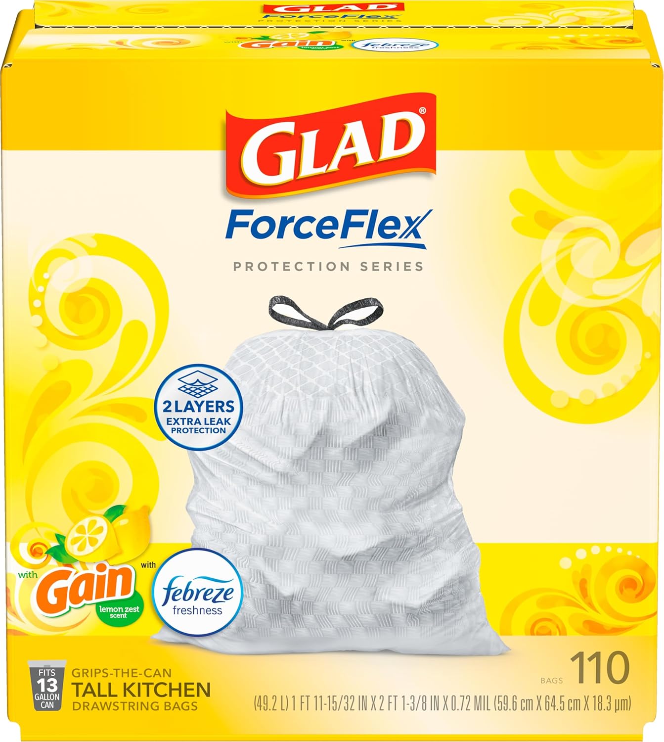 Glad ForceFlex Tall Kitchen Trash Bags, 13 Gallon, Gain Lemon Zest, 110 Count (Package May Vary)