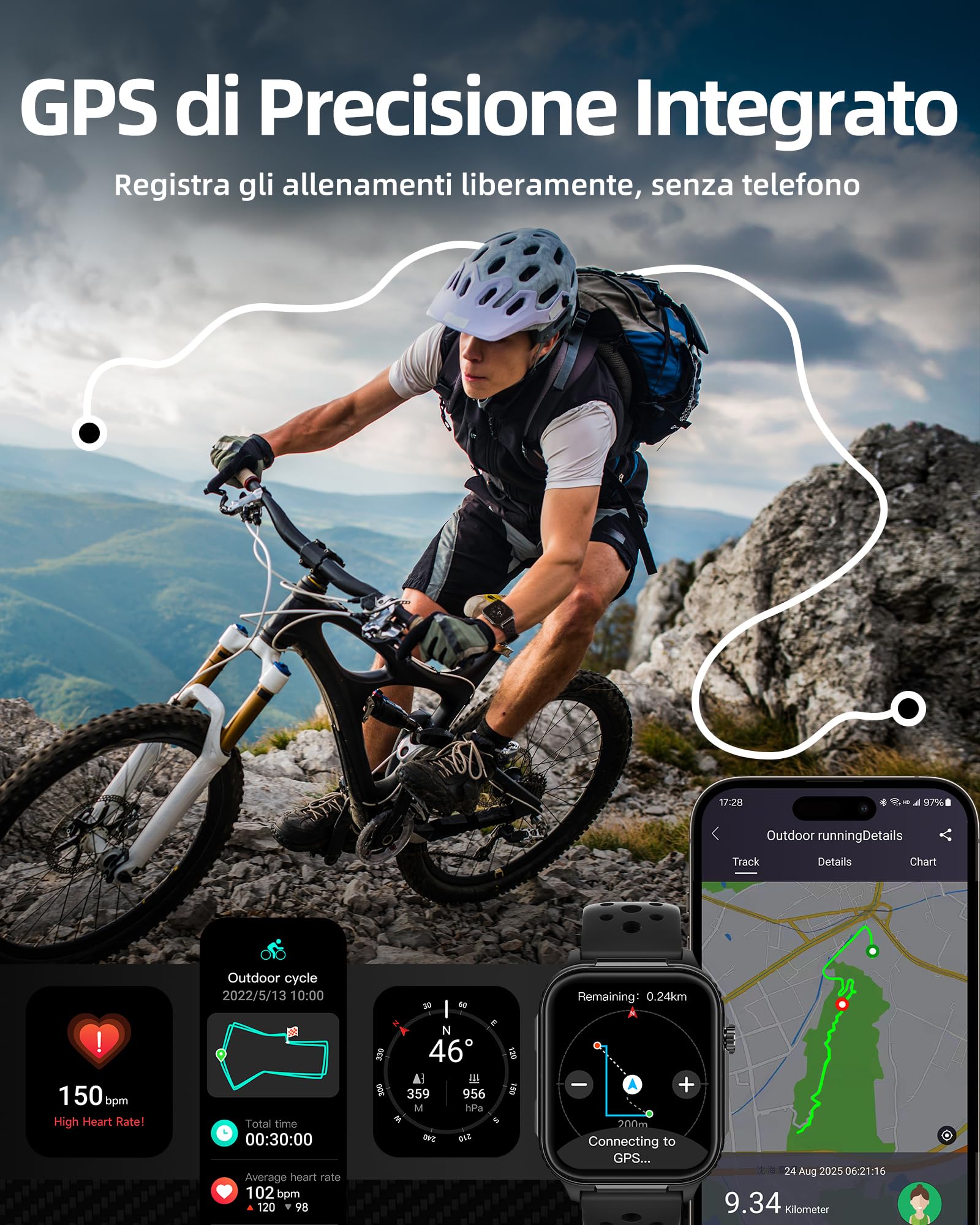 Parsonver Smartwatch Uomo con GPS Integrato, 10 Giorni Batteria, Bussola | Orologio Fitness con Chiamate Bluetooth, 100+ Sportive, Frequenza Cardiaca, Sonno, Fitness Watch per iOS Android, Nero, 1.95"