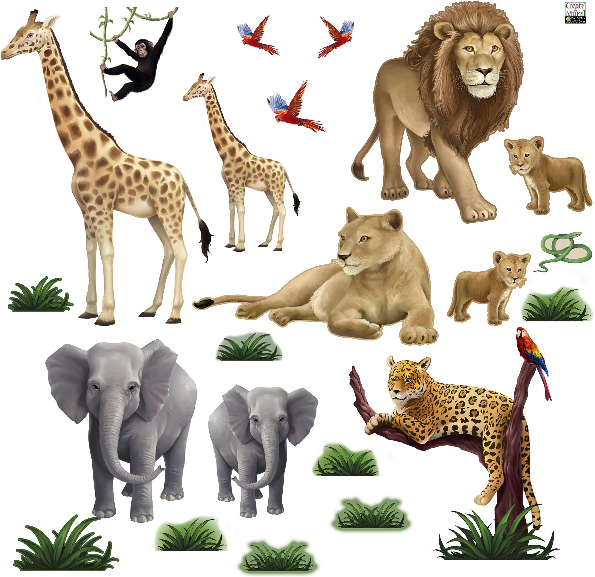 Small Jungle Animal Wall Decals (23) Lion, Elephant, Giraffe, Jaguar, Monkey Peel & Stick Wild Jungle Safari Theme Ideas Kids Room Decor Wall Stickers Birthday Decoration