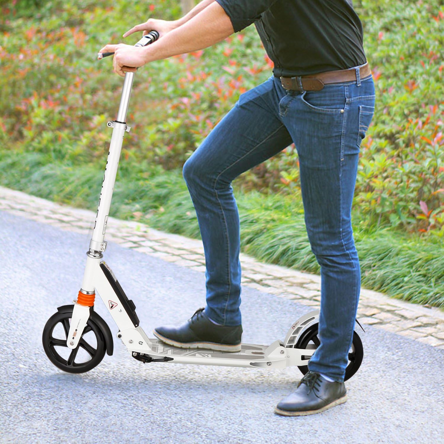 Tomasa Adult Kick Scooter Folding City Commuter Scooter with 2 Large 200mm Wheels and Dual Spring Comfort Suspension 3 Levels Adjustable Height Strong Aluminum Frame Design for Teens Kids 12+ [UK STOCK]